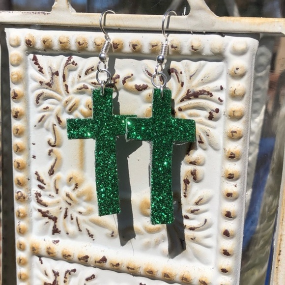 Jewelry - Green Sparkling Cross Earrings